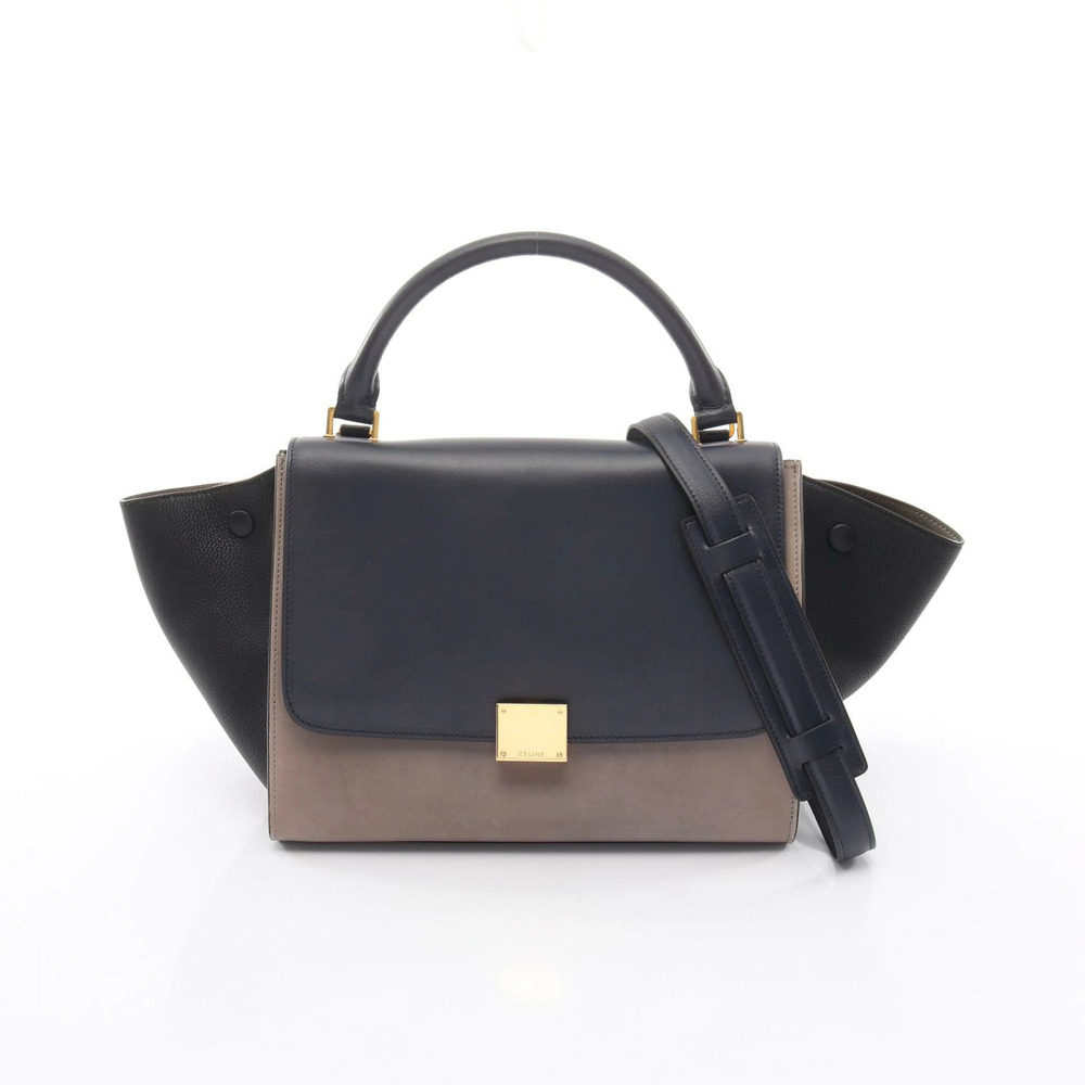 Celine Trapeze Handbag Leather Navy Blue Gray Black